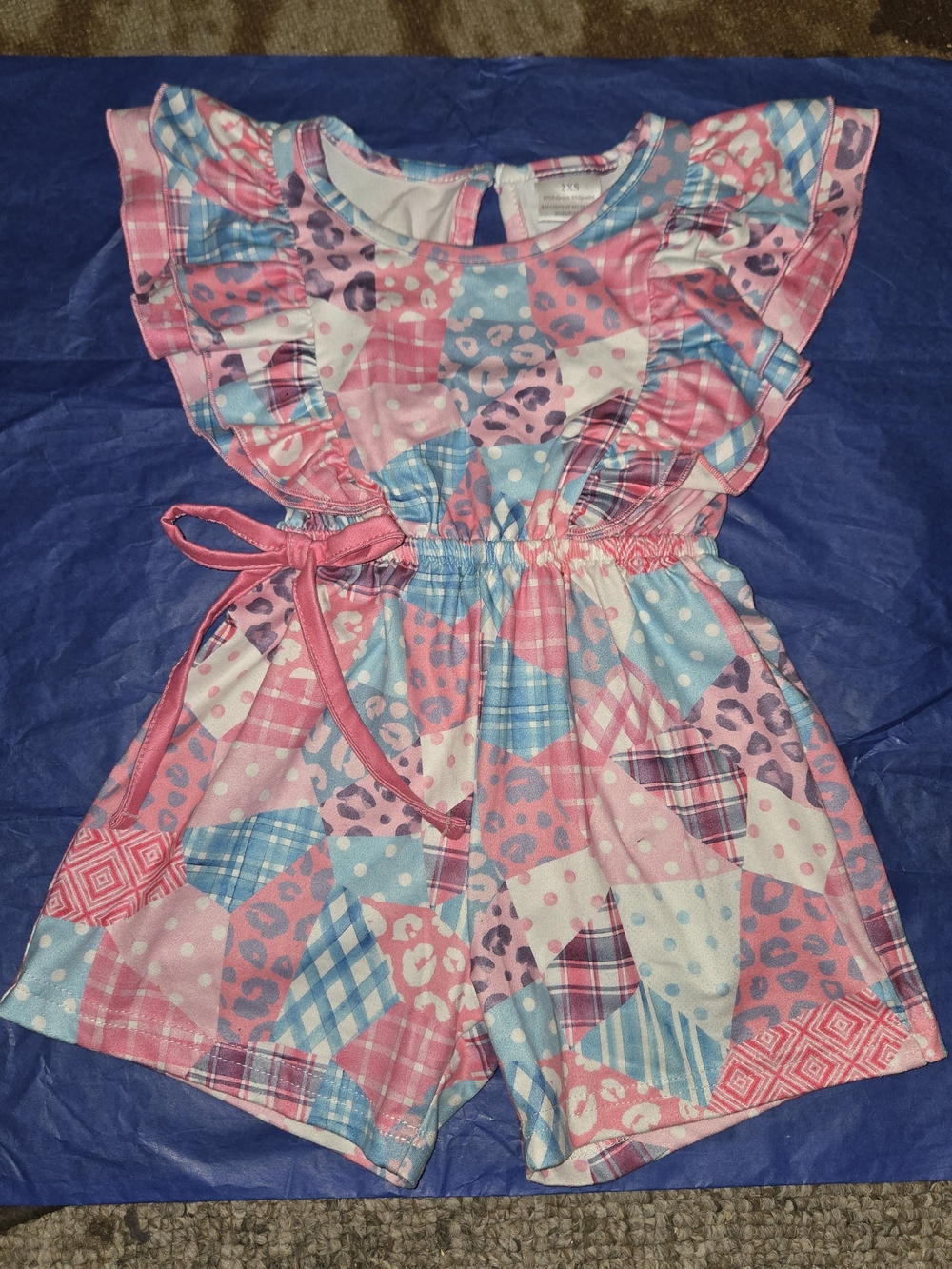 Girls' Pink & Blue Patchwork Ruffle Romper - Unbranded